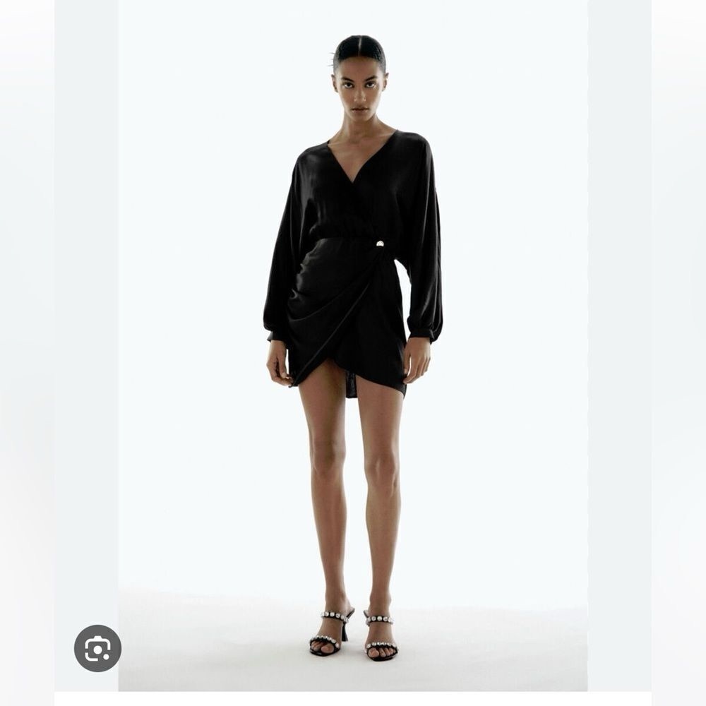 Zara Satin Effects Black Wrap Mini Dress with Long Bishop Sleeves